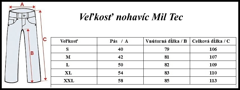 tabulka velkosti nohavic mil tec 